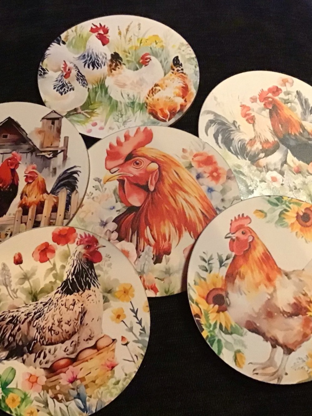 Set of six chicken coasters